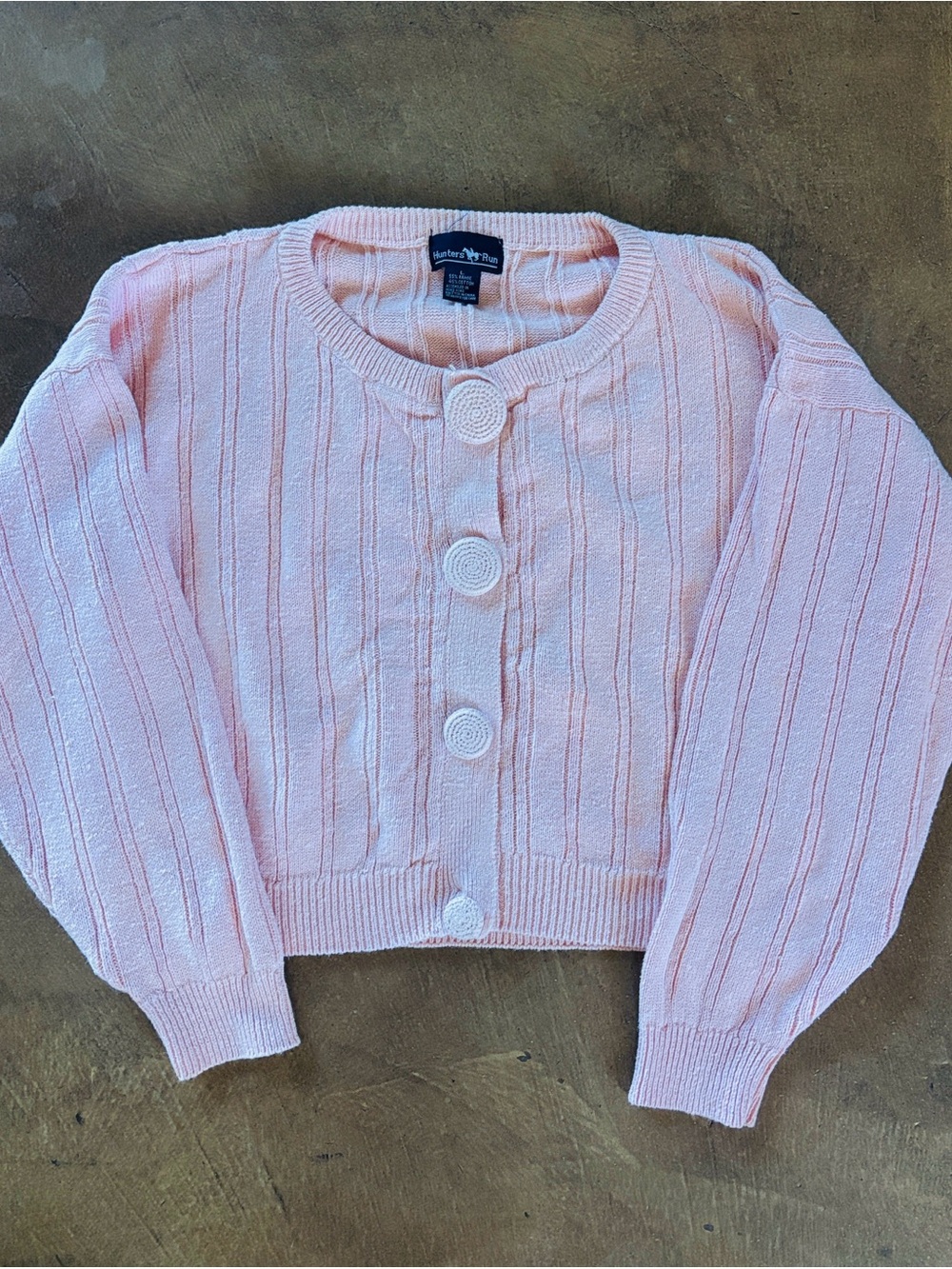 Vintage 90s Hunters Run baby pink cropped knit cardigan - Size Large - Cotton